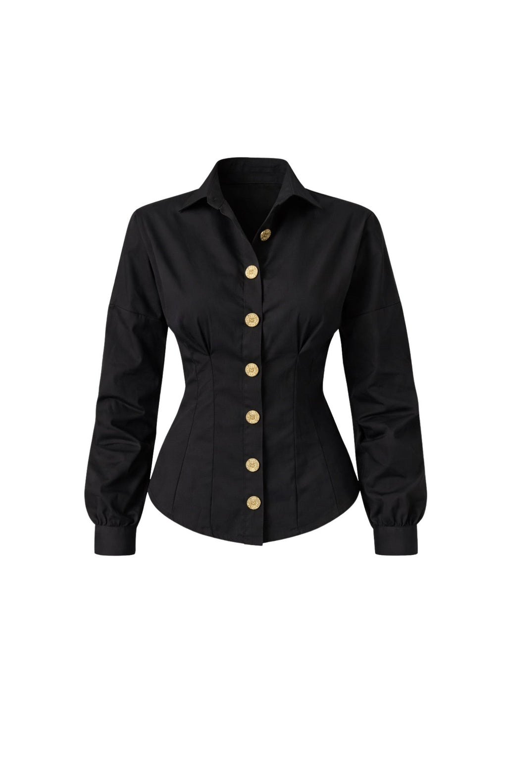Waist-Fitted Gold Buttoned Black Shirt