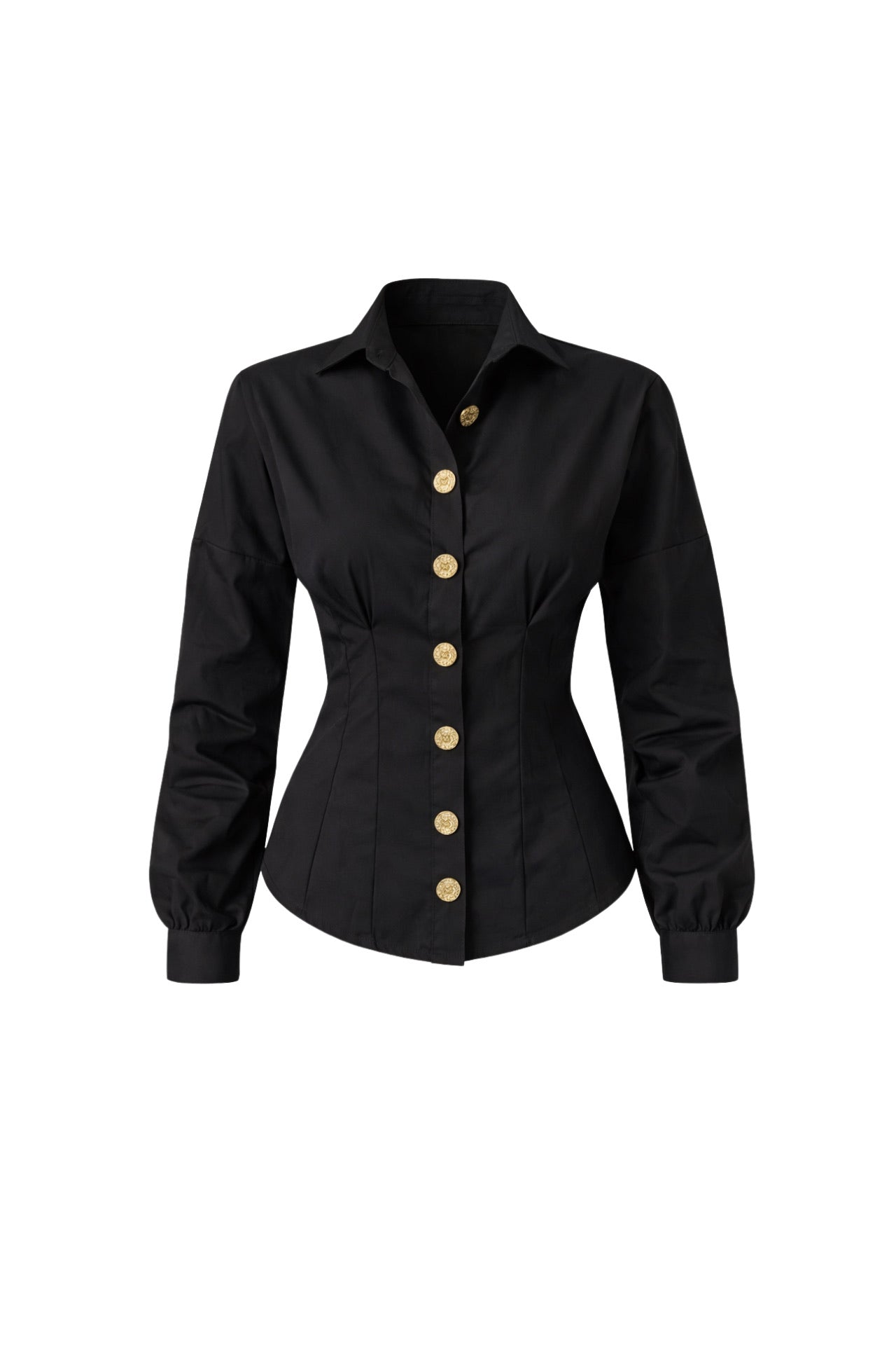 Waist-Fitted Gold Buttoned Black Shirt