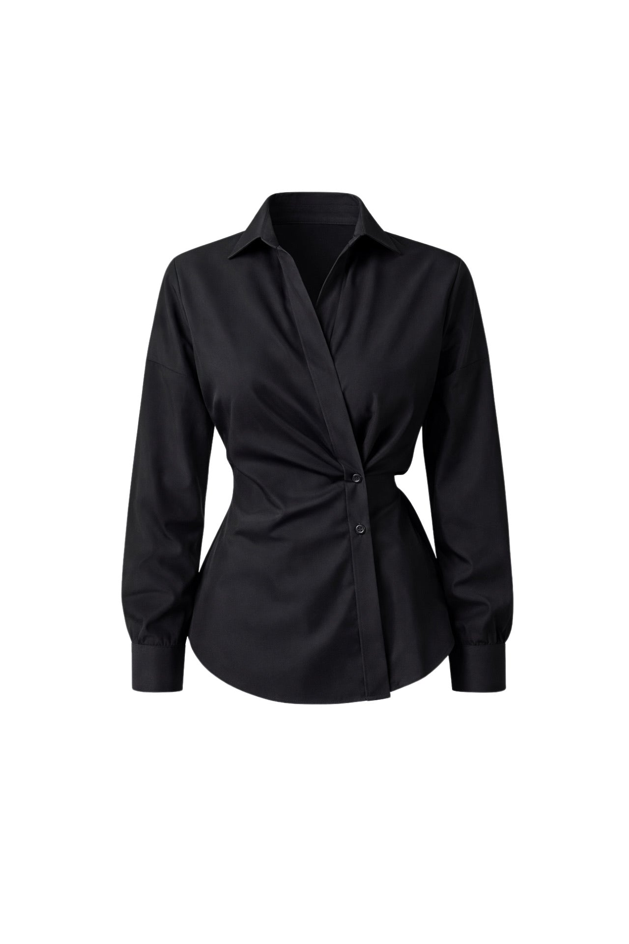 Asymmetric Button Detail Waist-Fitted Black Shirt
