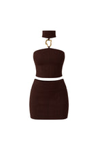 Open Detail Turtleneck Blouse Add Mini Skirt Two-piece Brown Knit Set