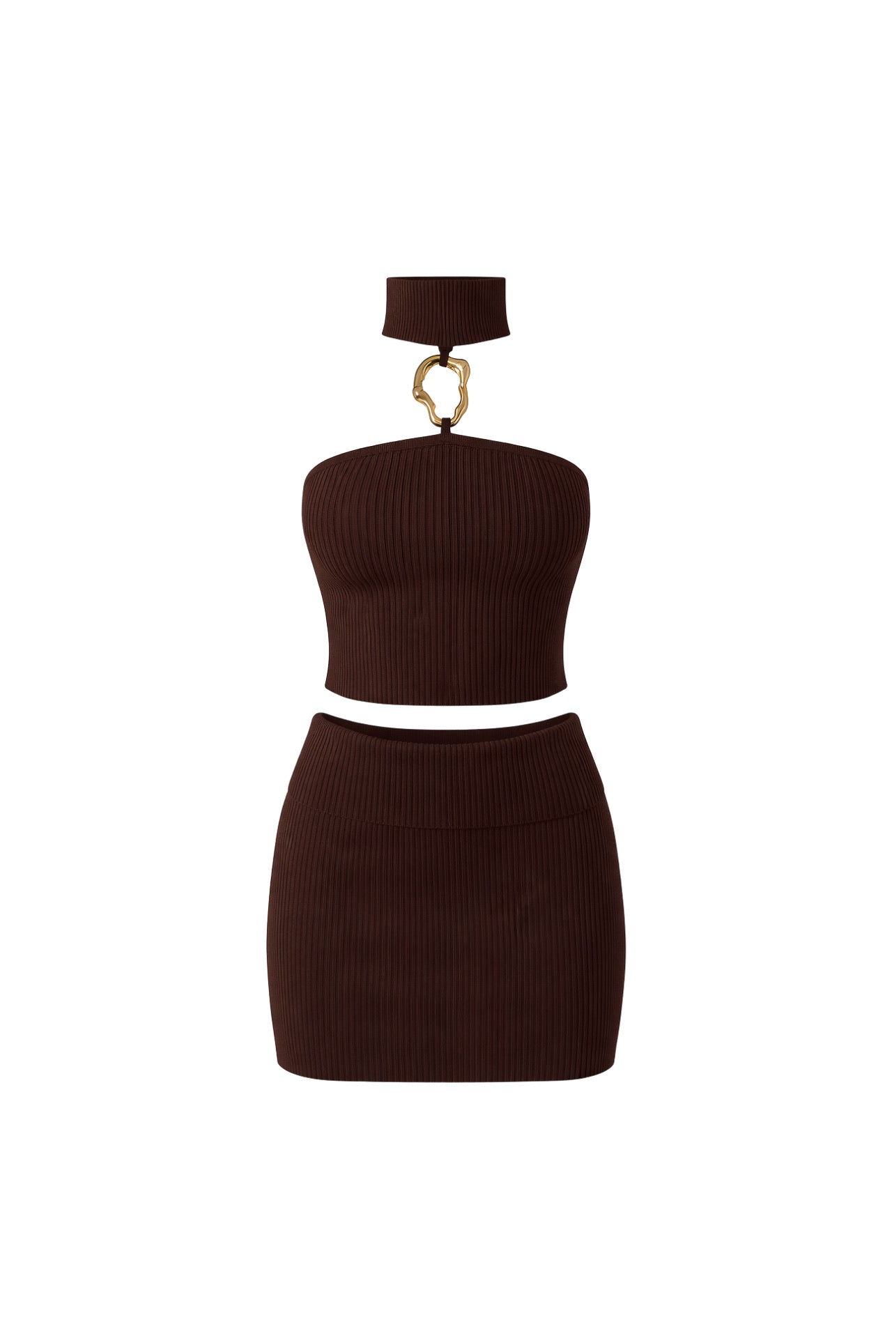 Open Detail Turtleneck Blouse Add Mini Skirt Two-piece Brown Knit Set
