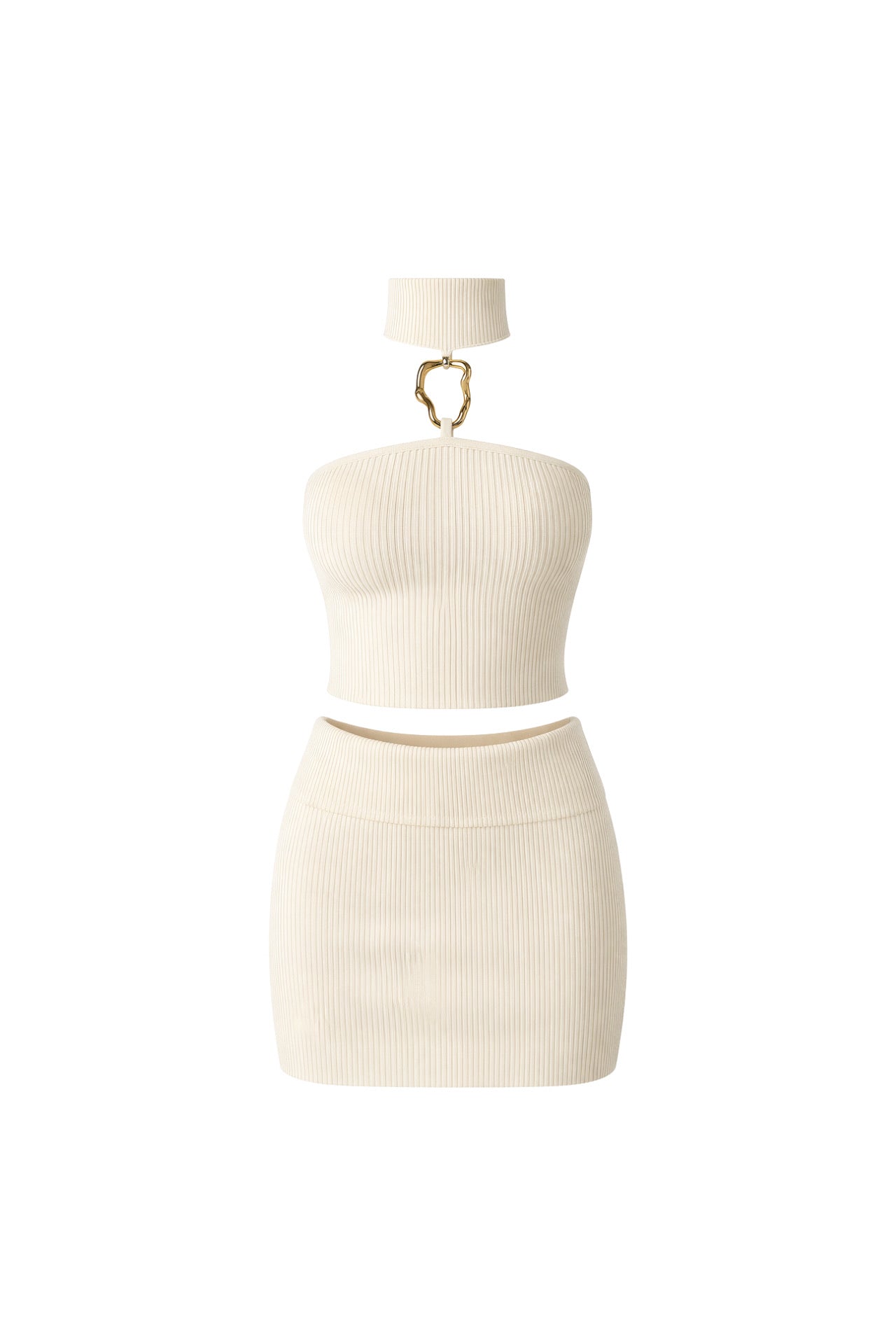 Open Detail Turtleneck Blouse Add Mini Skirt Two-piece Ecru Knit Set