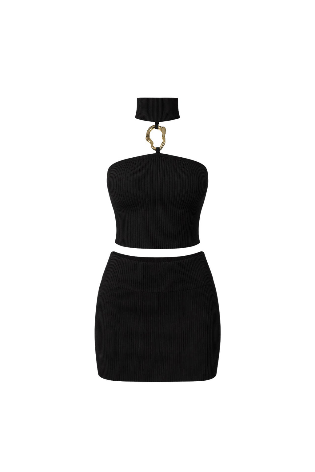 Open Detail Turtleneck Blouse Add Mini Skirt Two-piece Black Knit Set