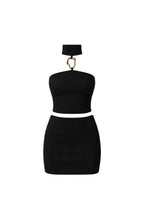 Open Detail Turtleneck Blouse Add Mini Skirt Two-piece Black Knit Set
