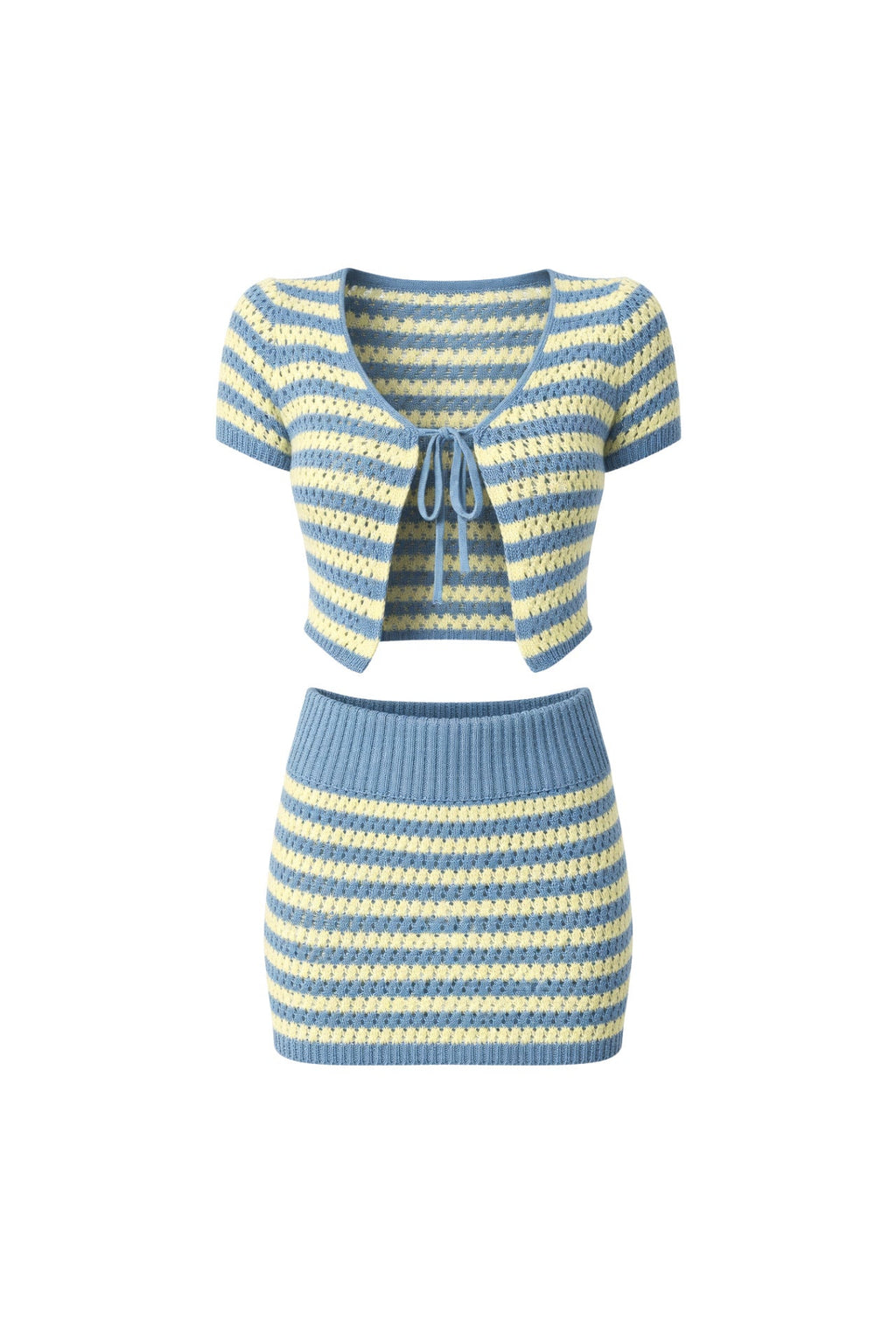 Striped Tie Detail Blouse Folded-Waist Skirt Two-piece Blue Knit Set