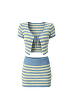 Striped Tie Detail Blouse Folded-Waist Skirt Two-piece Blue Knit Set
