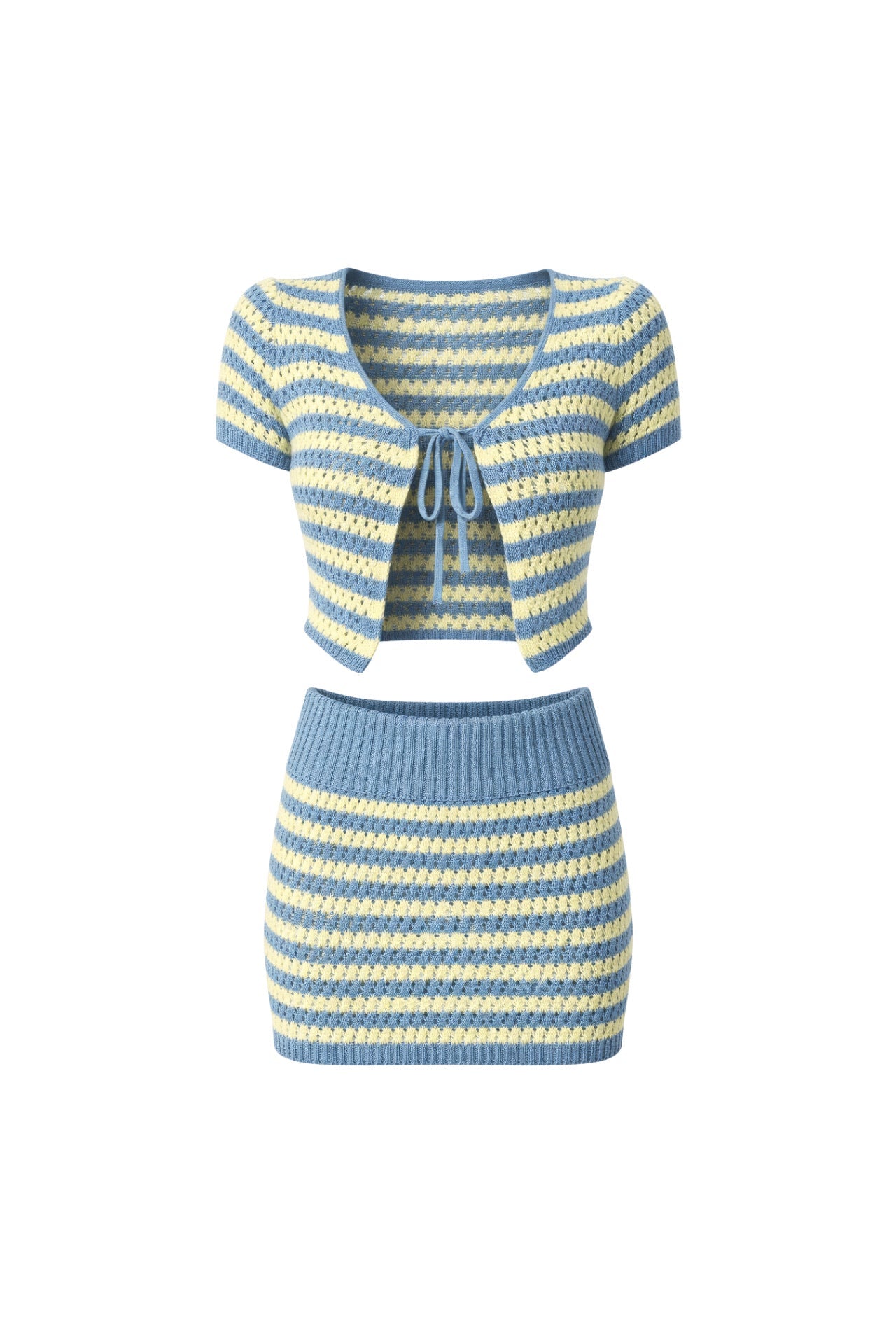 Striped Tie Detail Blouse Folded-Waist Skirt Two-piece Blue Knit Set
