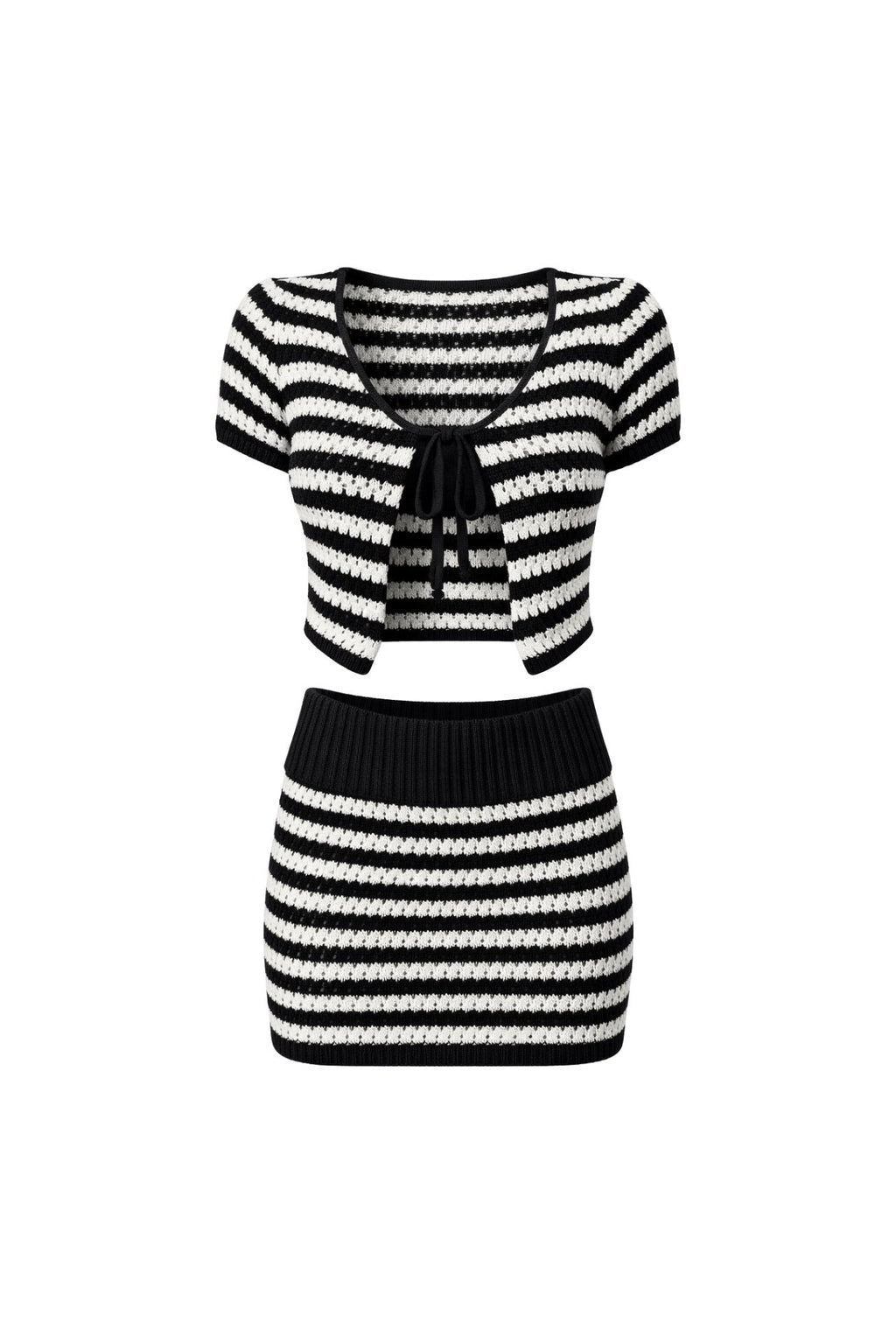 Striped Tie Detail Blouse Folded-Waist Skirt Two-piece Black Knit Set