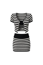 Striped Tie Detail Blouse Folded-Waist Skirt Two-piece Black Knit Set