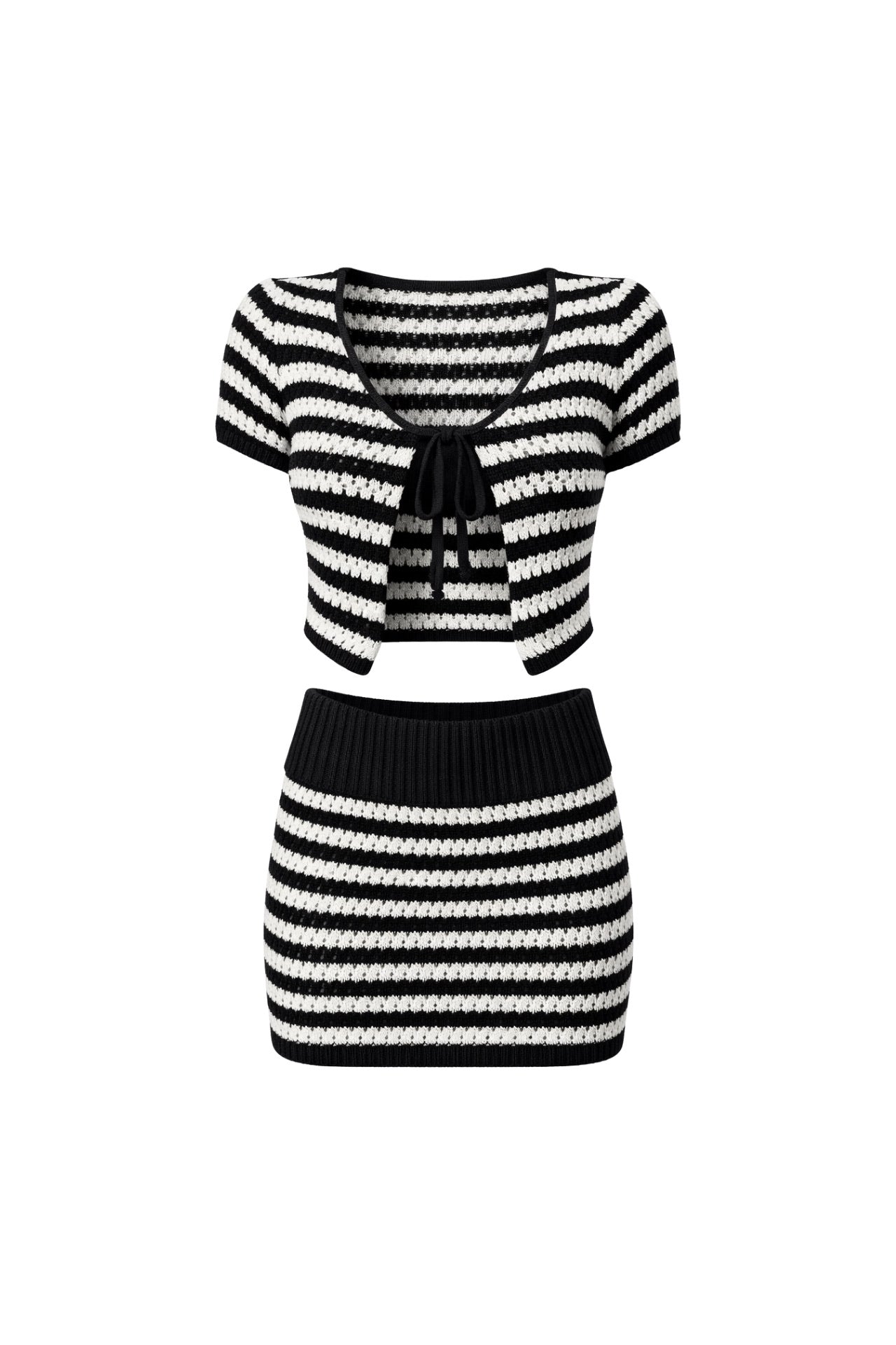 Striped Tie Detail Blouse Folded-Waist Skirt Two-piece Black Knit Set