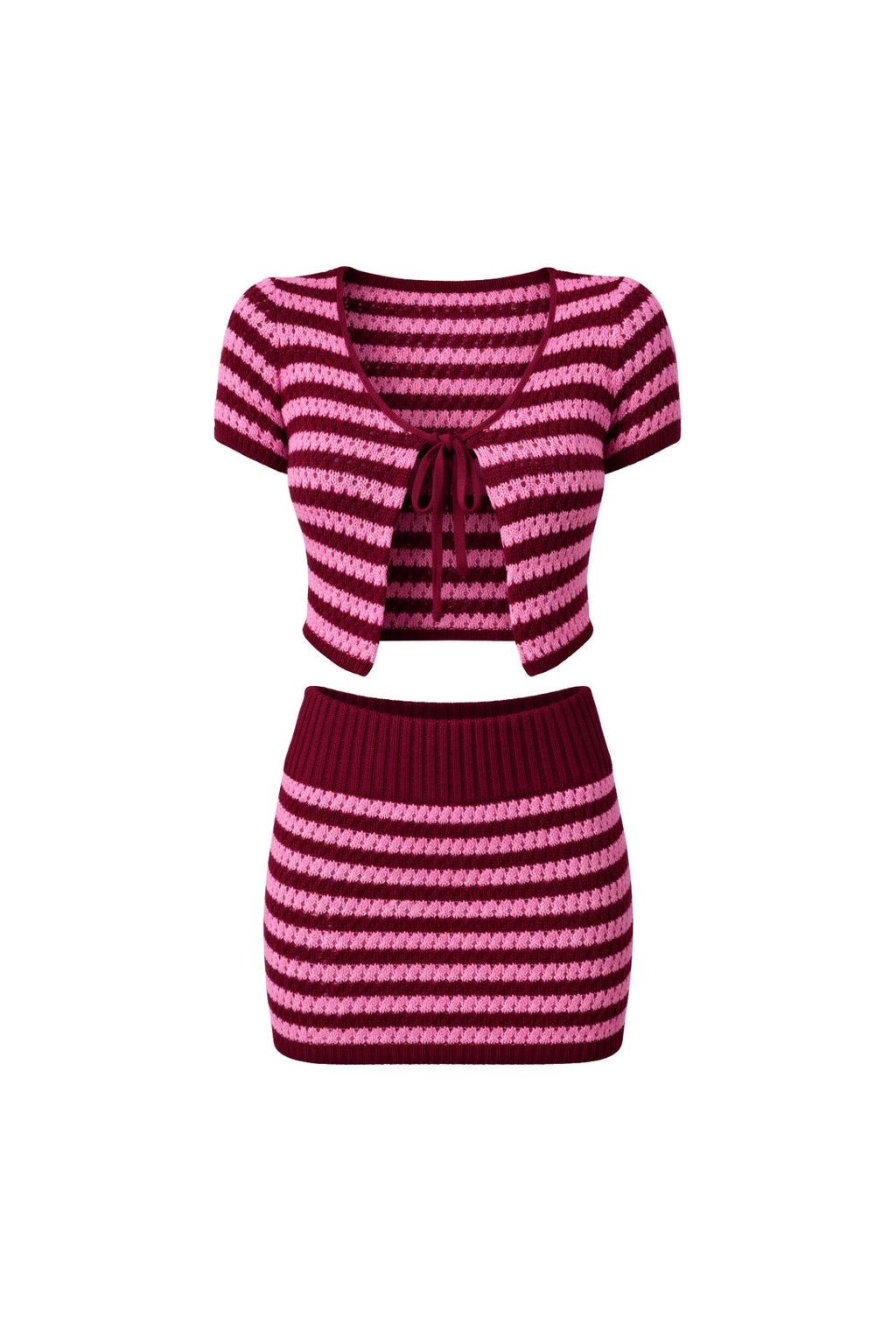Striped Tie Detail Blouse Folded-Waist Skirt Two-piece Pink Knit Set