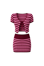Striped Tie Detail Blouse Folded-Waist Skirt Two-piece Pink Knit Set