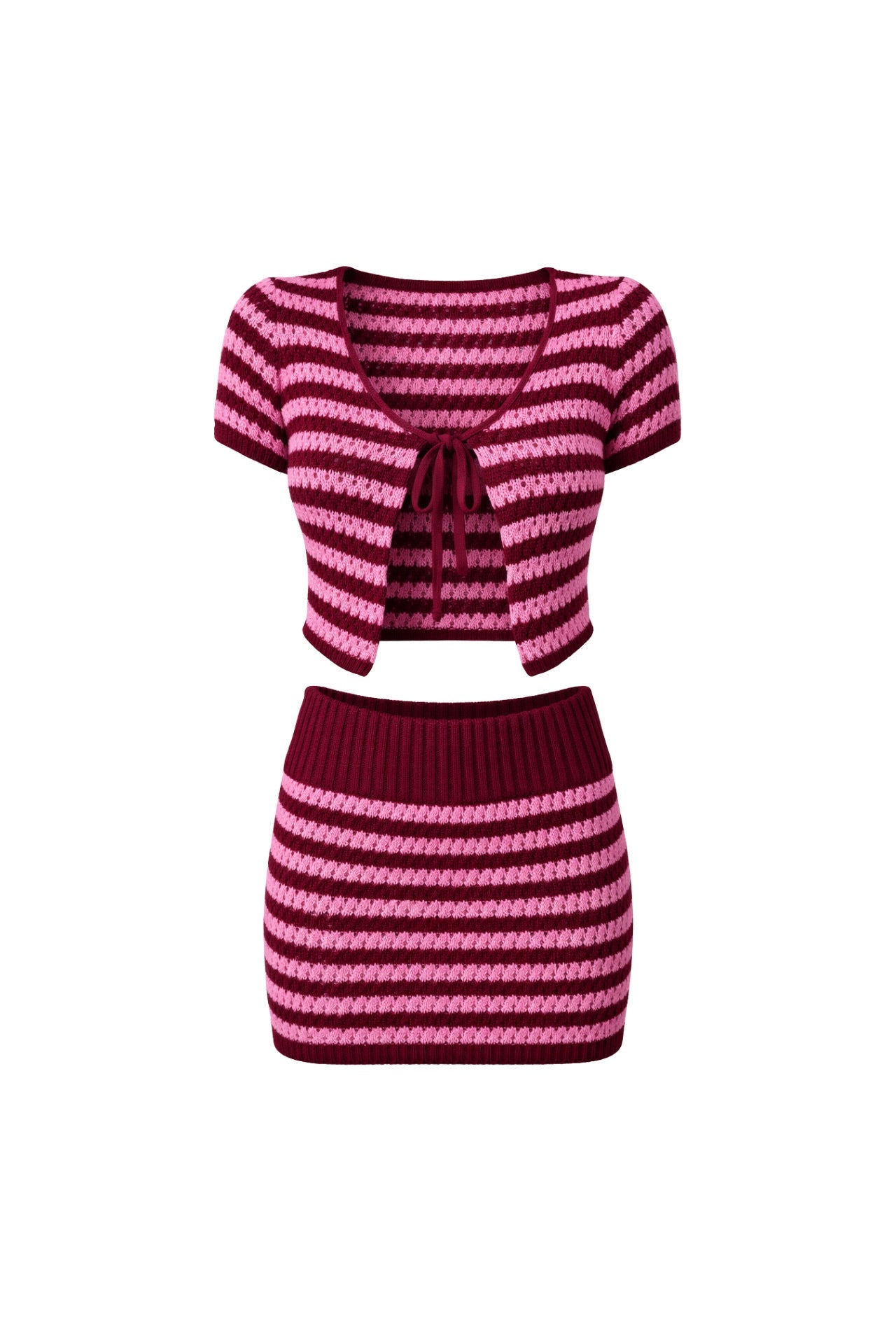 Striped Tie Detail Blouse Folded-Waist Skirt Two-piece Pink Knit Set