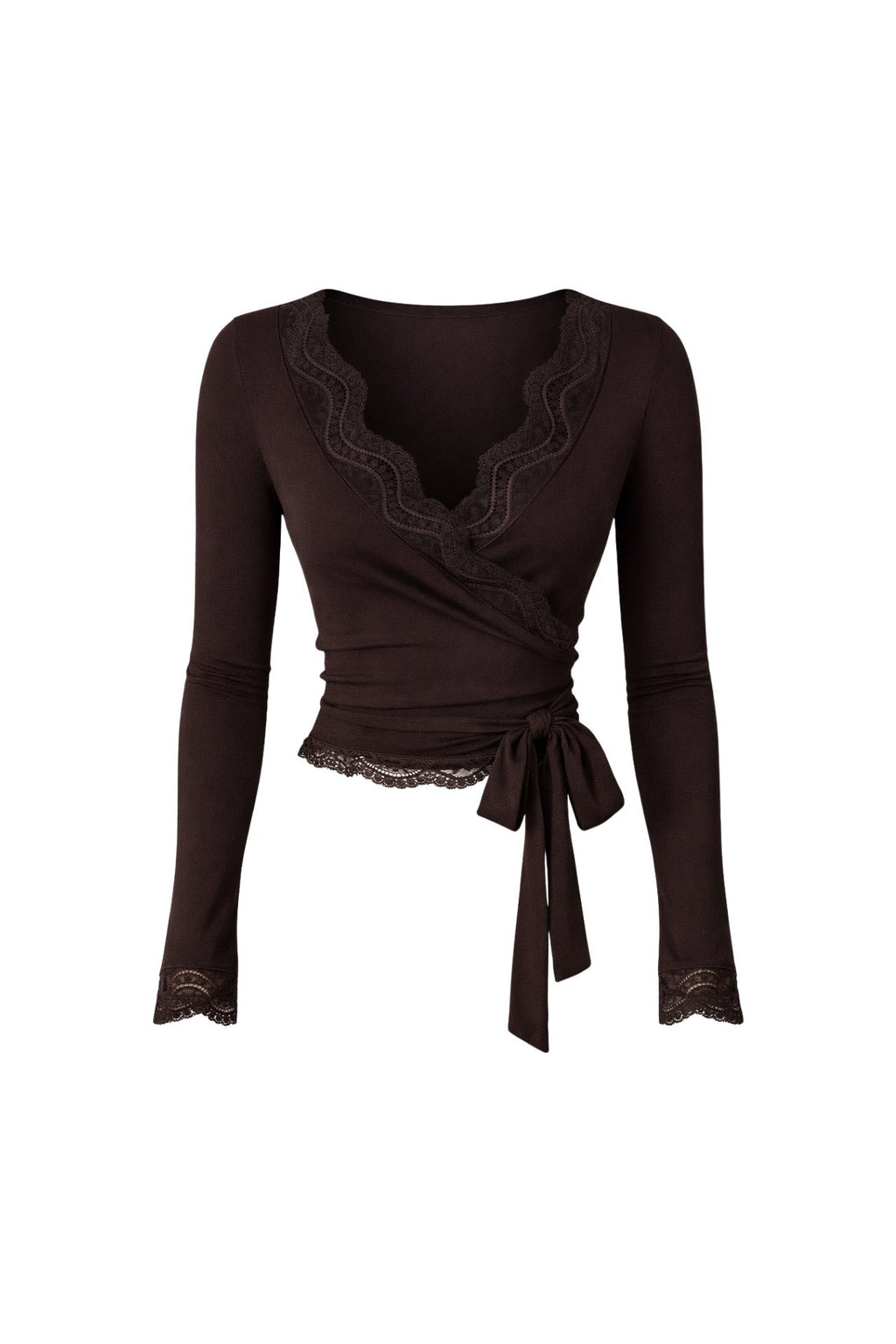 Wrap Tie Lace Brown Blouse