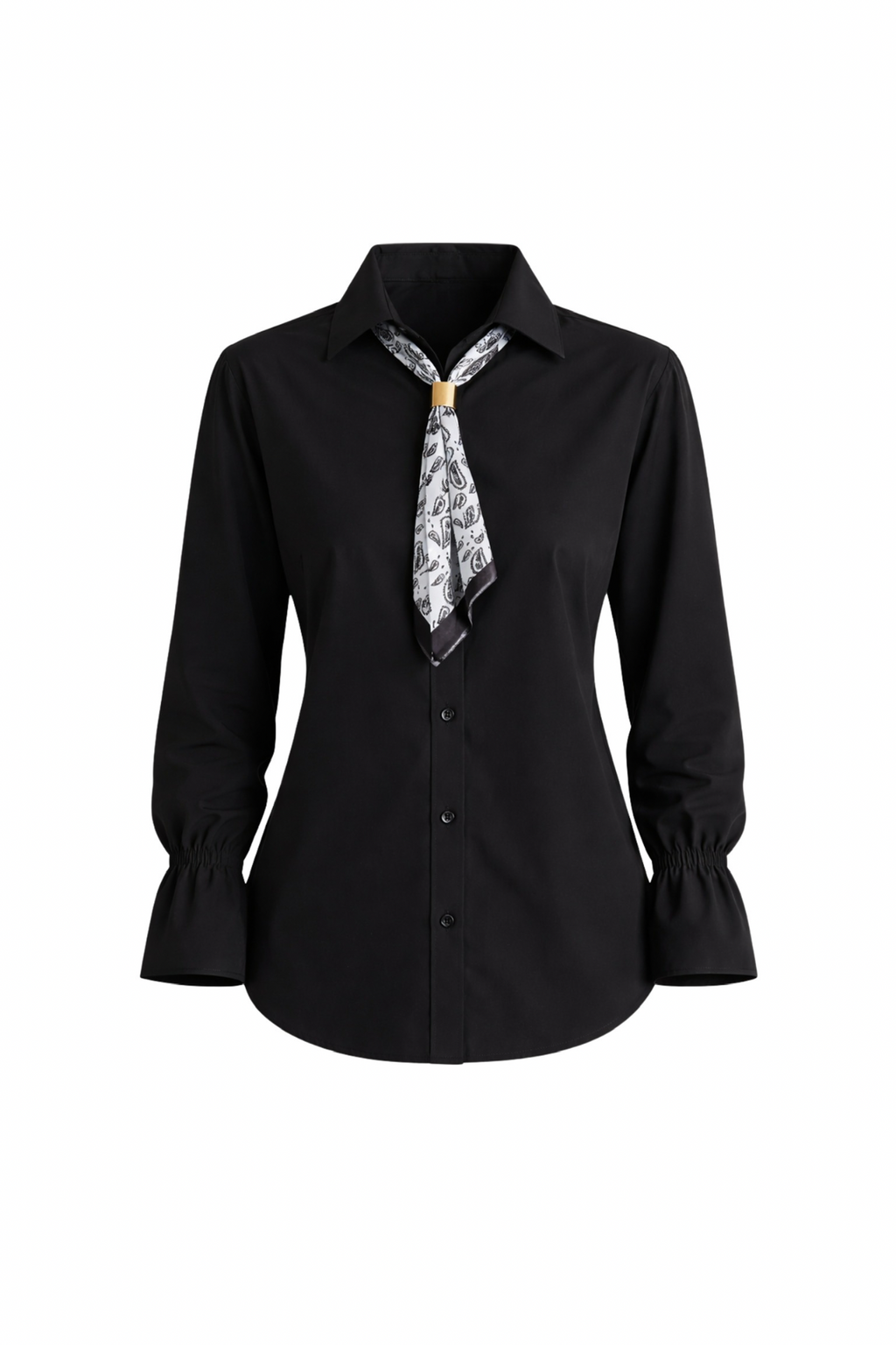 Scarf Detail Ruched Sleeve Black Shirt