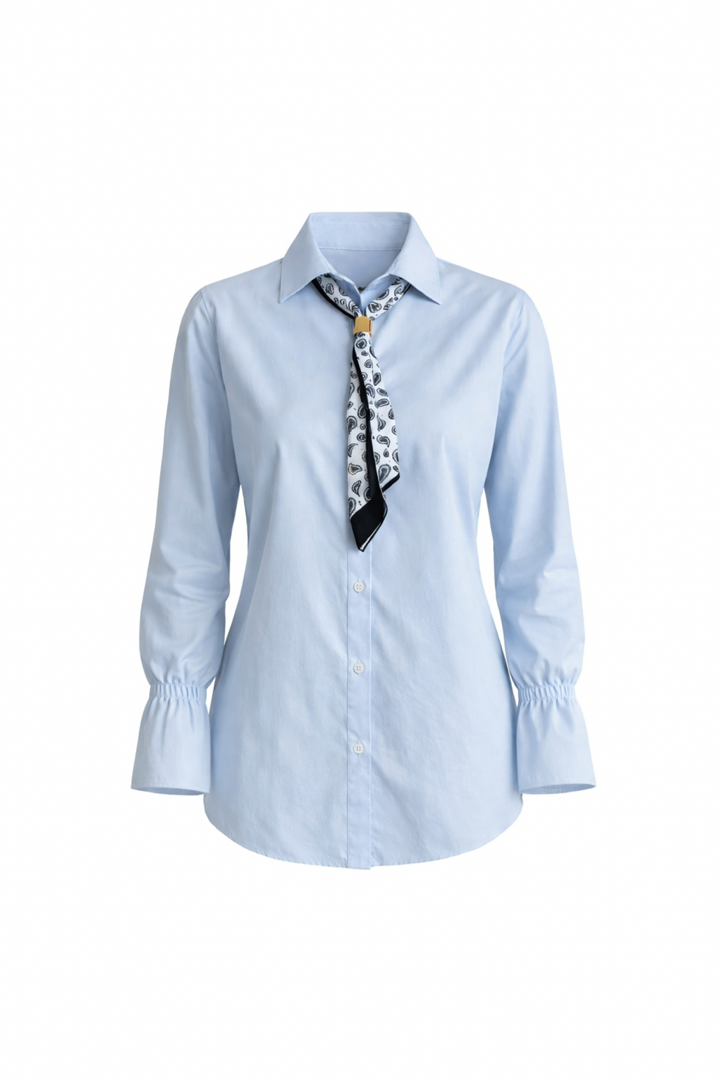 Scarf Detail Ruched Sleeve Blue Shirt
