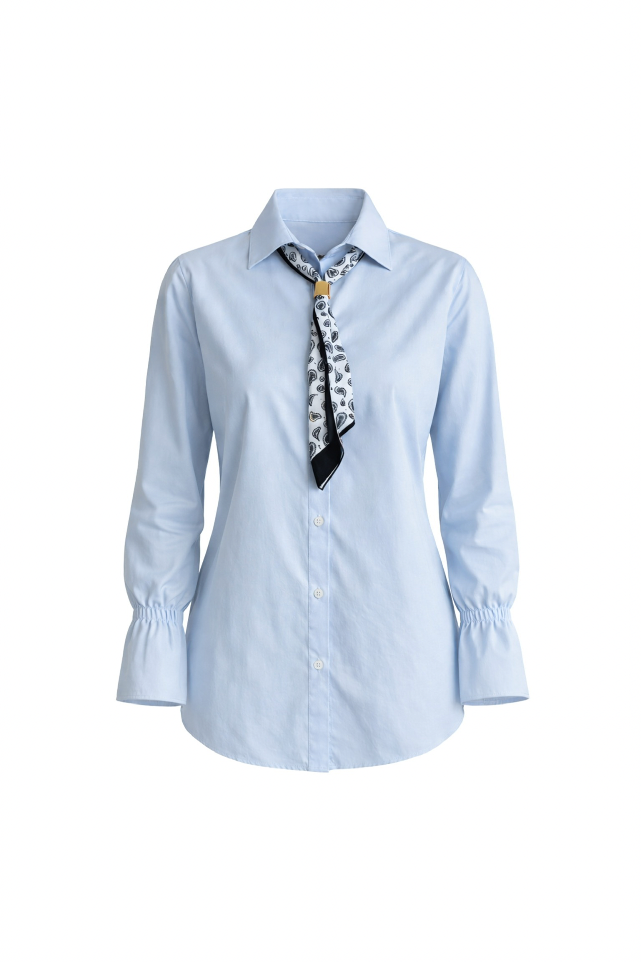 Scarf Detail Ruched Sleeve Blue Shirt