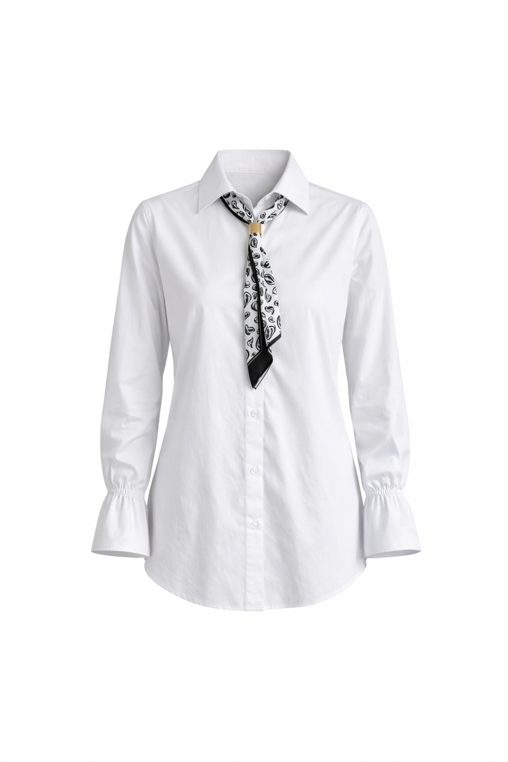Scarf Detail Ruched Sleeve White Shirt