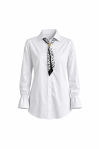 Scarf Detail Ruched Sleeve White Shirt