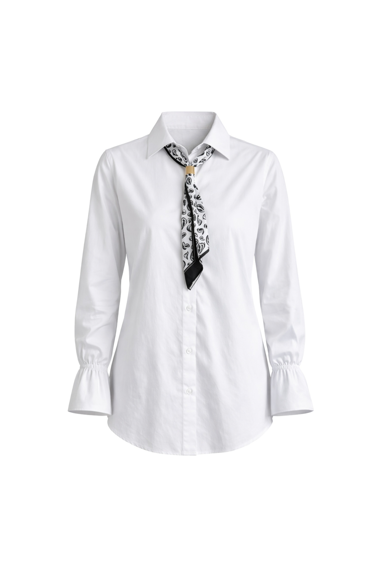 Scarf Detail Ruched Sleeve White Shirt