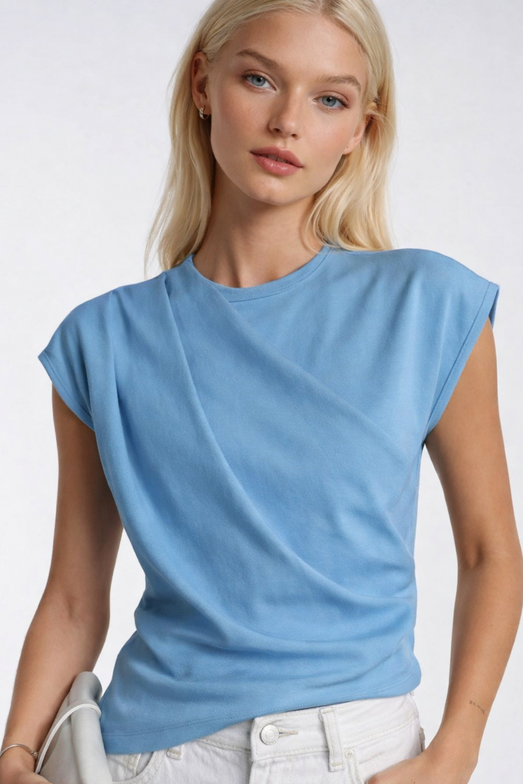 Ruched Shoulder Sleeveless Blue Blouse
