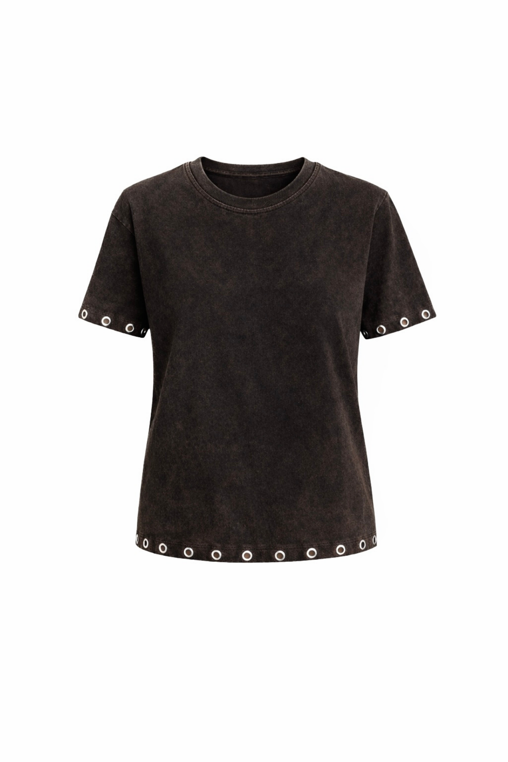 Washed Effect Eyelet Detail Brown T-Shirt