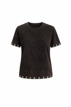 Washed Effect Eyelet Detail Brown T-Shirt