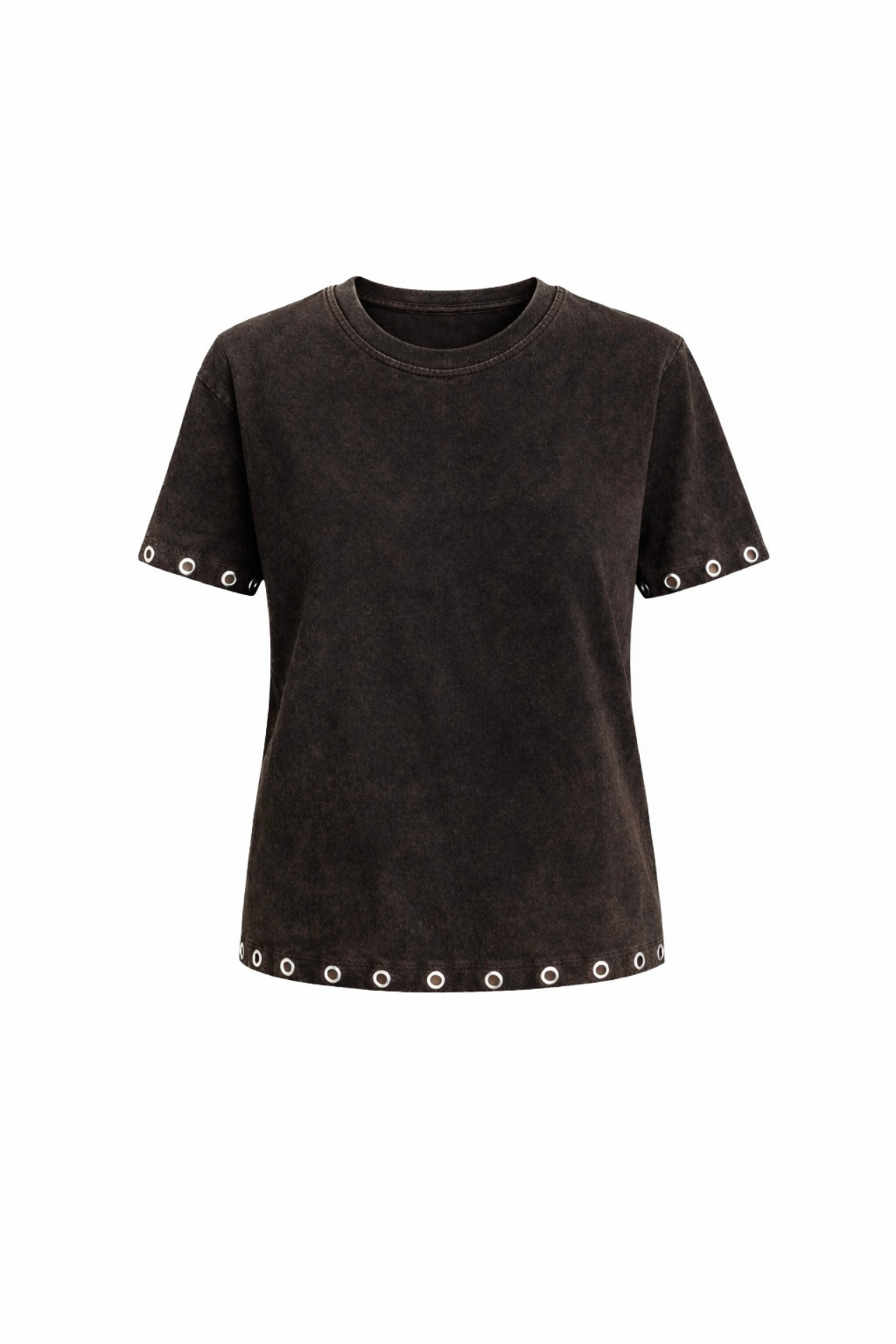 Washed Effect Eyelet Detail Brown T-Shirt