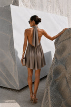 Beige Satin Turtleneck Backless Mini Dress