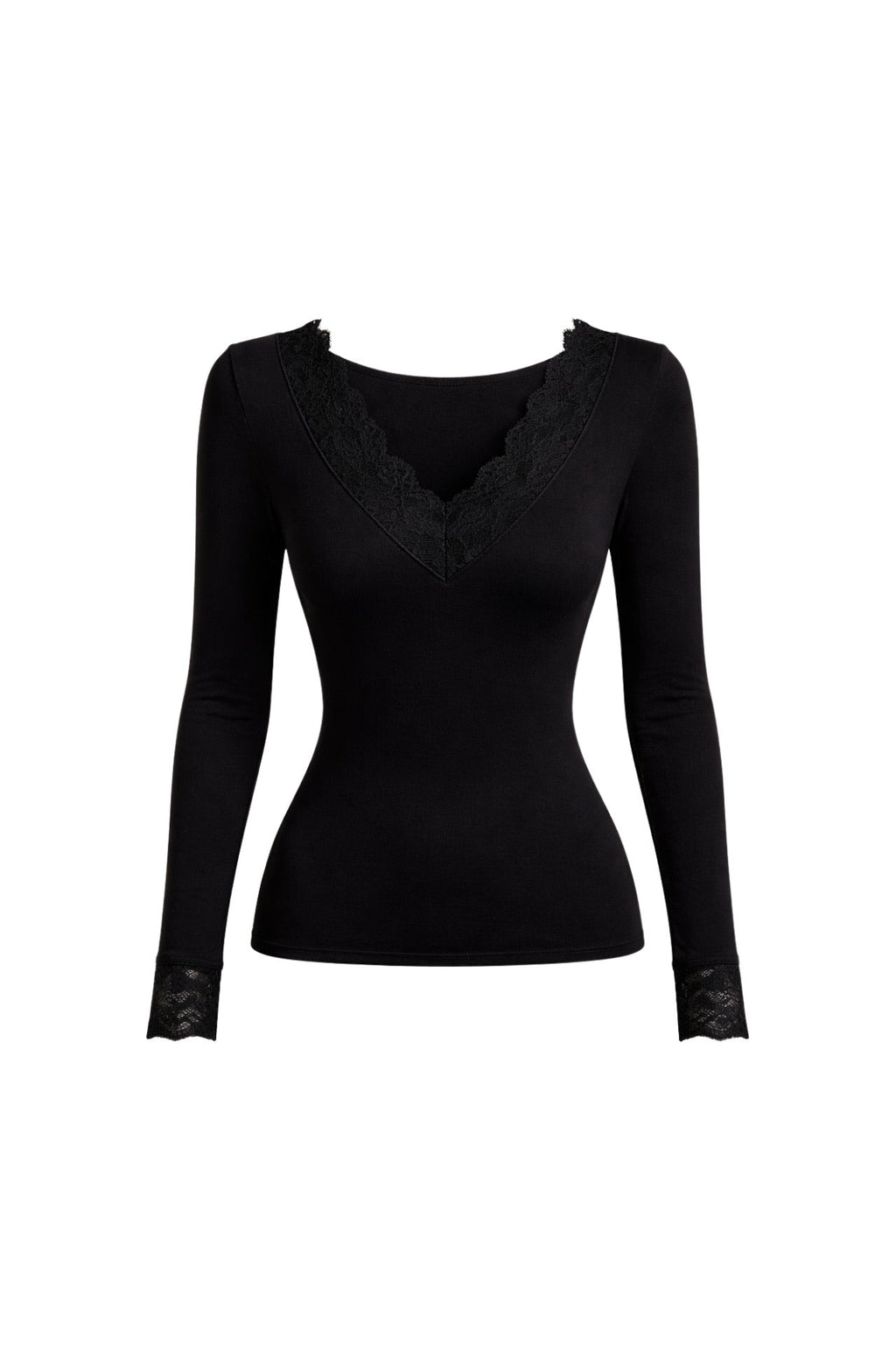 Lace Detail V-Neck Black Transparan Blouse