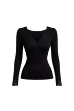 Lace Detail V-Neck Black Transparan Blouse