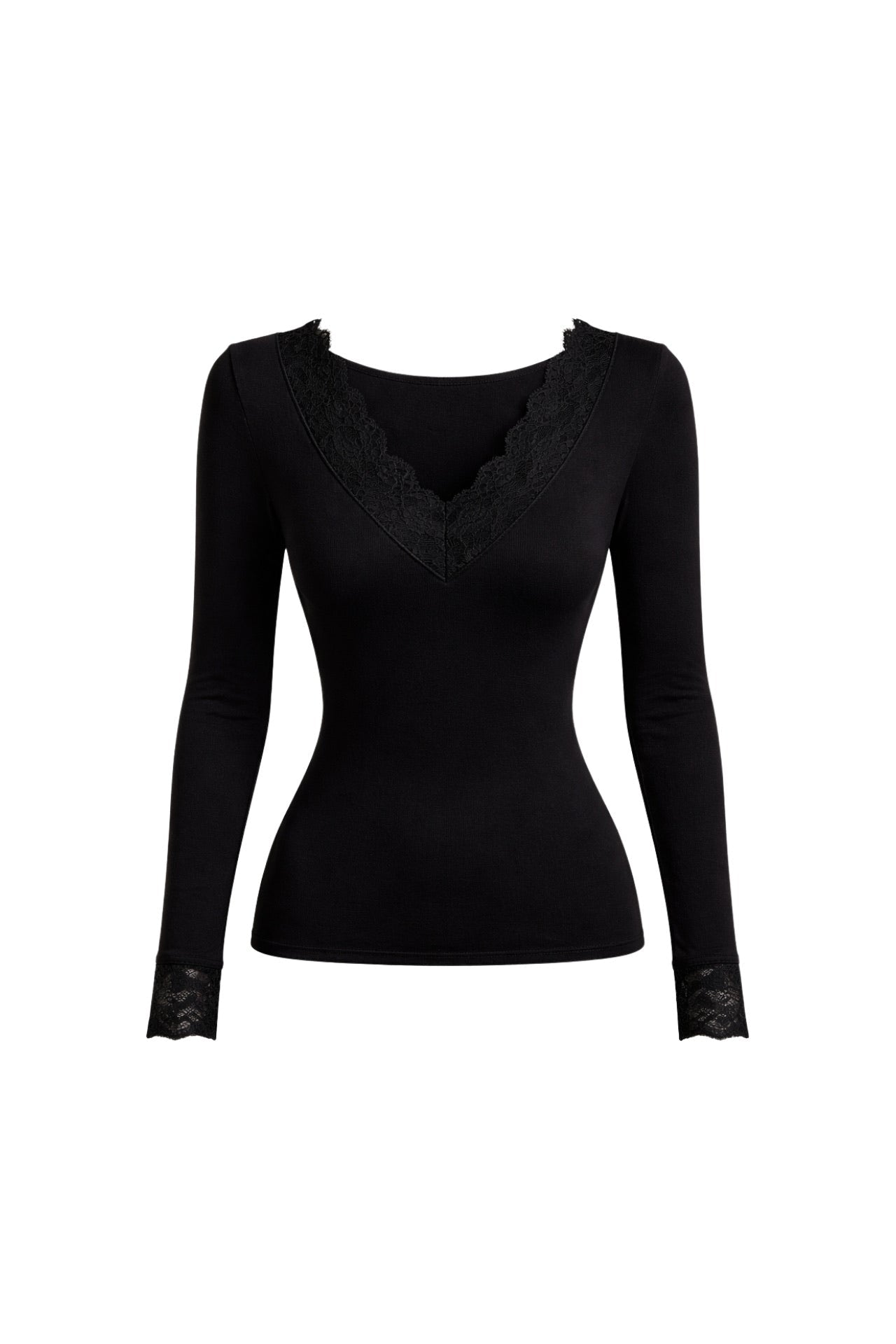 Lace Detail V-Neck Black Transparan Blouse