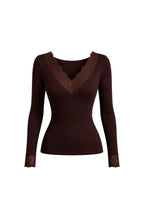 Lace Detail V-Neck Brown Transparan Blouse