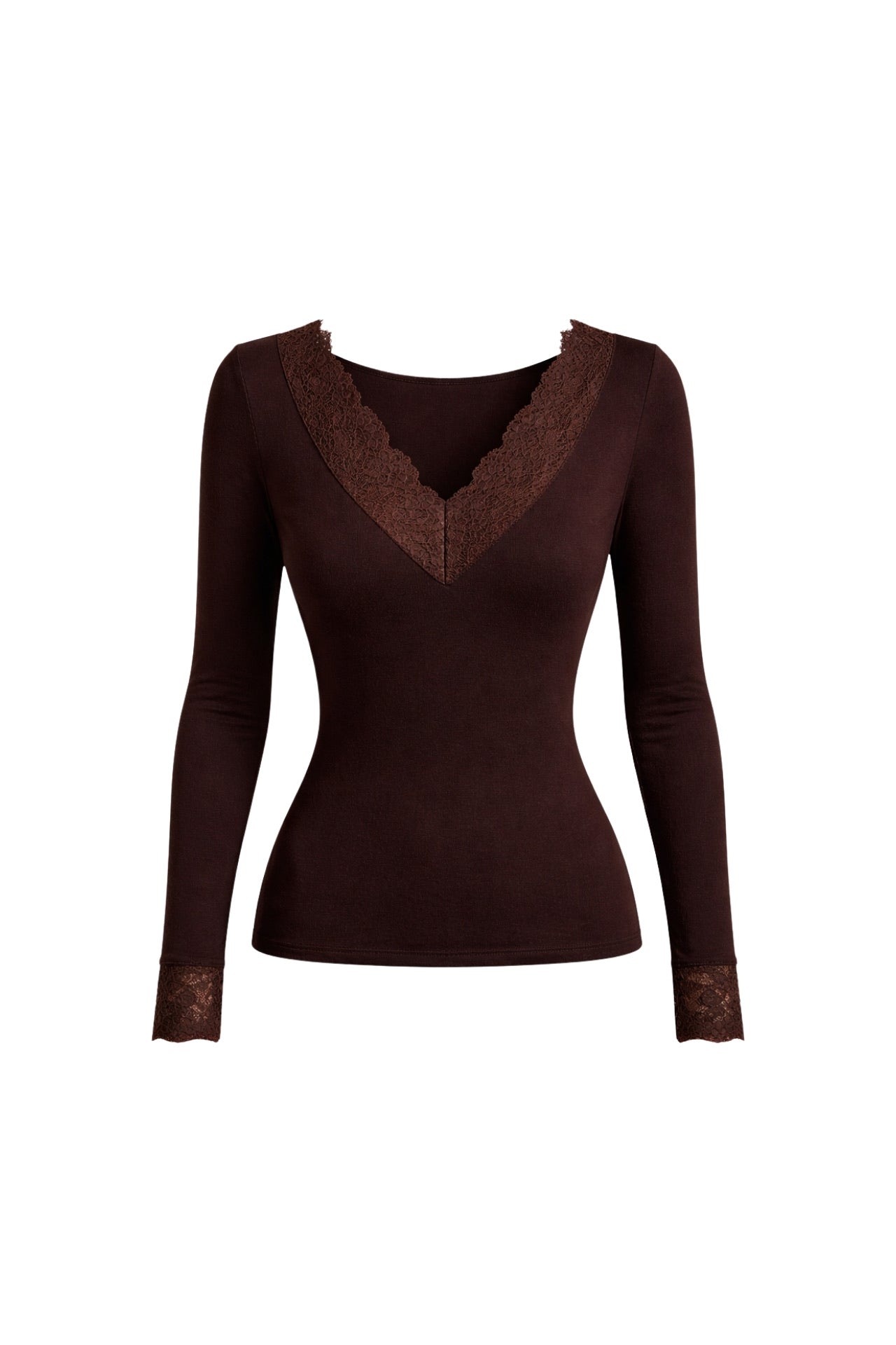 Lace Detail V-Neck Brown Transparan Blouse