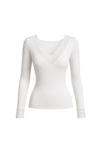 Lace Detail V-Neck White Transparan Blouse