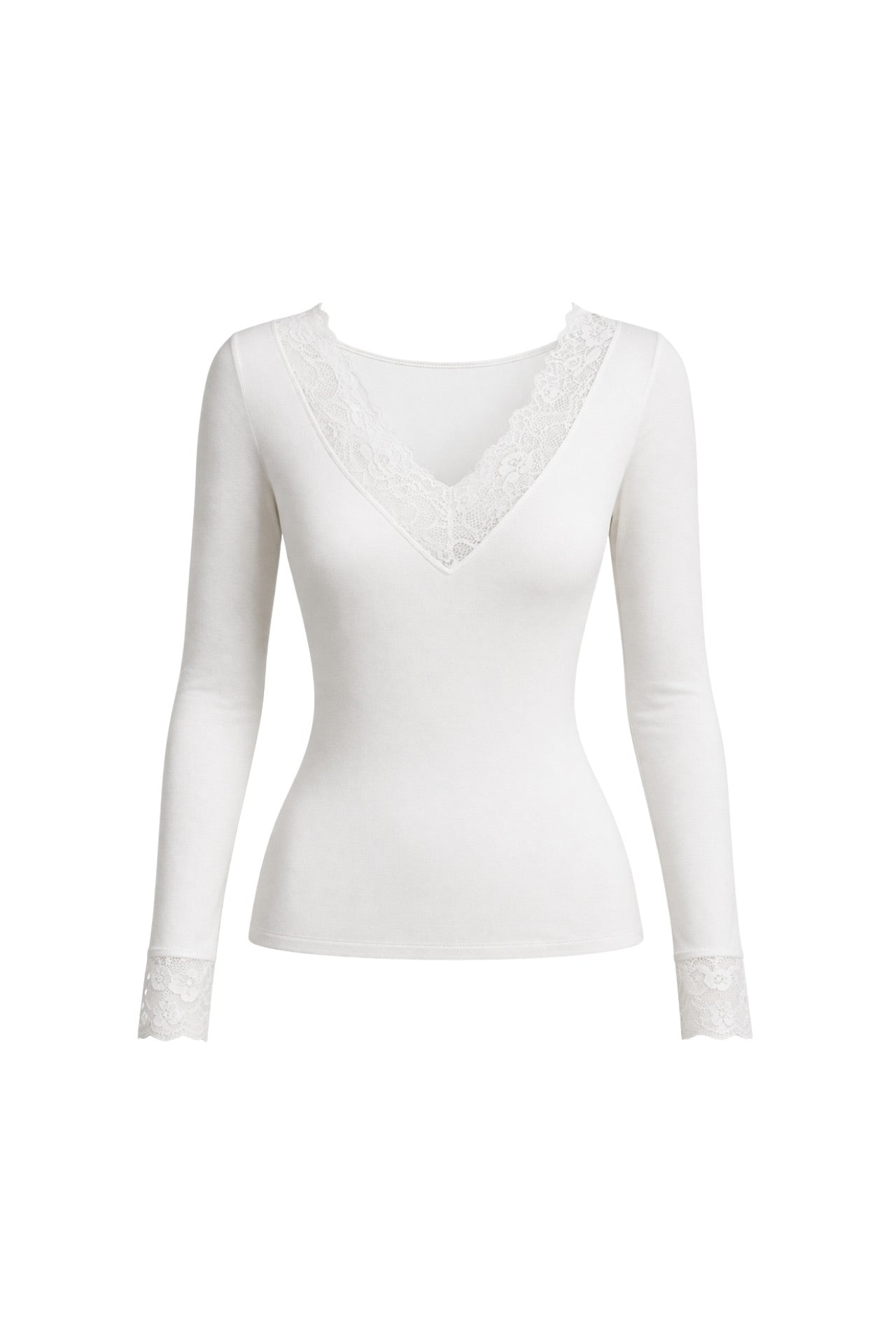 Lace Detail V-Neck White Transparan Blouse