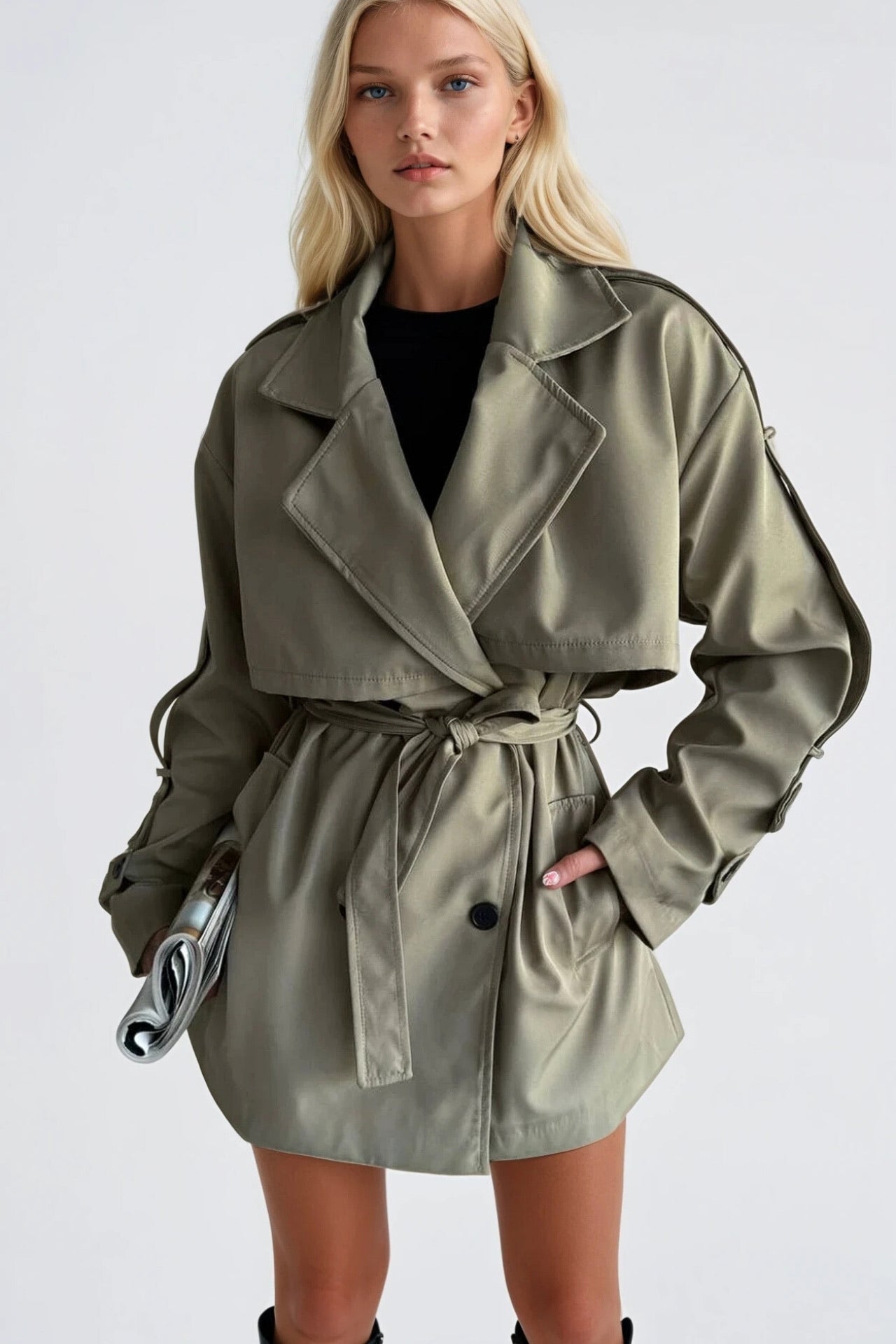 Sash Detail Basic Khaki Trench Coat