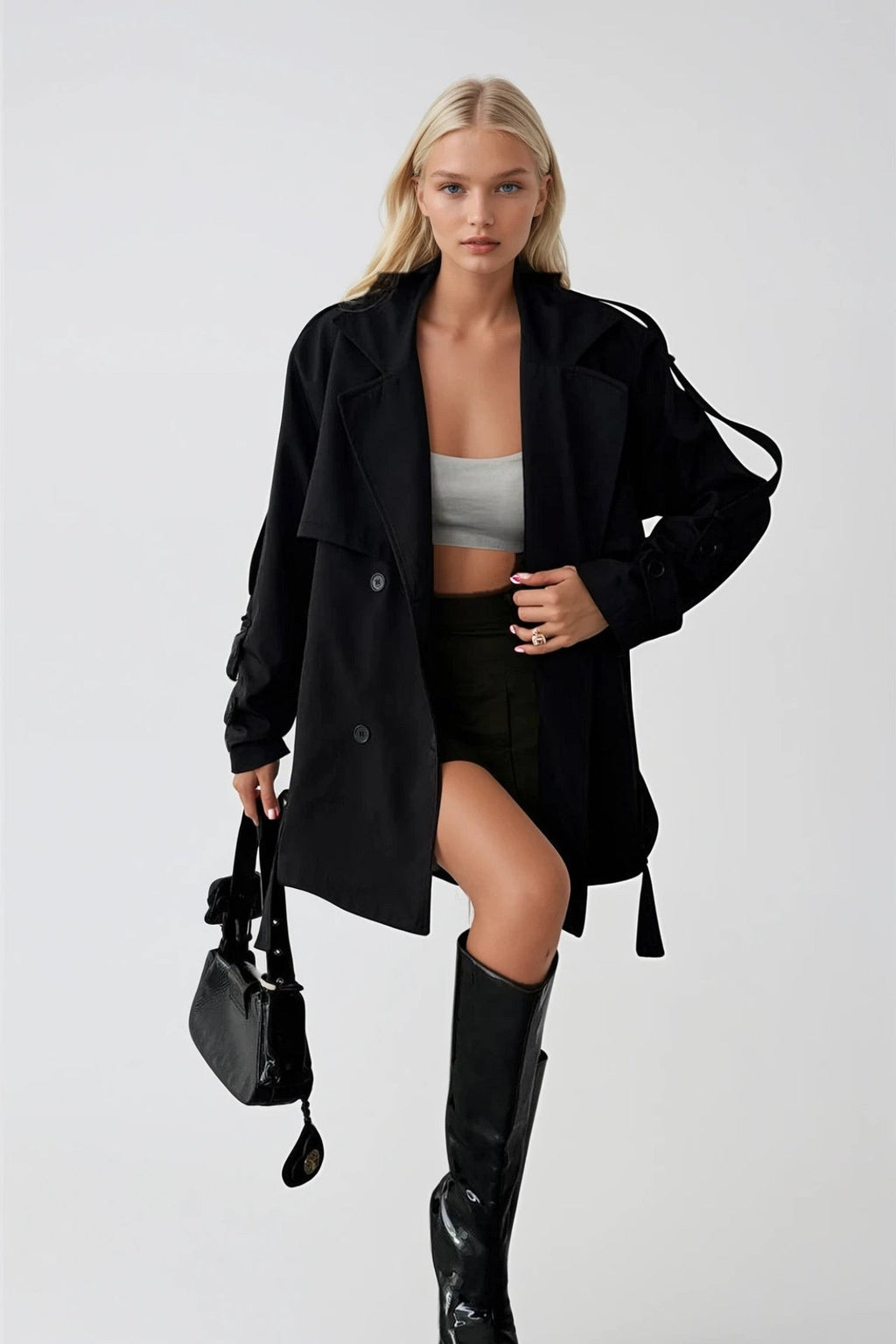 Sash Detail Basic Black Trench Coat