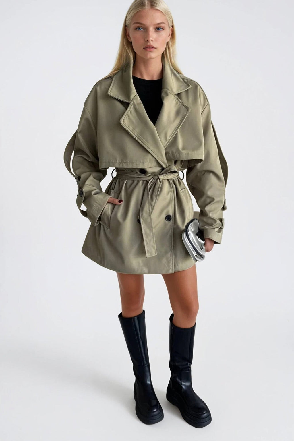 Sash Detail Basic Khaki Trench Coat