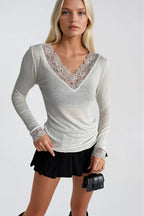 Lace Detail V-Neck White Transparan Blouse