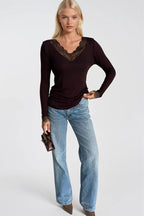 Lace Detail V-Neck Brown Transparan Blouse