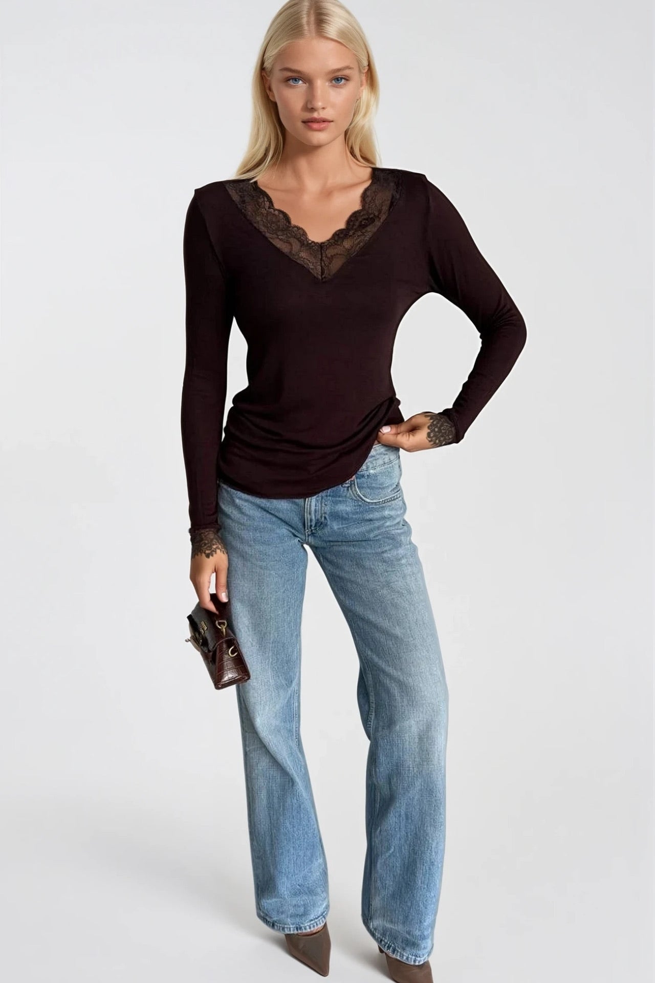 Lace Detail V-Neck Brown Transparan Blouse