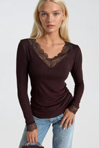Lace Detail V-Neck Brown Transparan Blouse