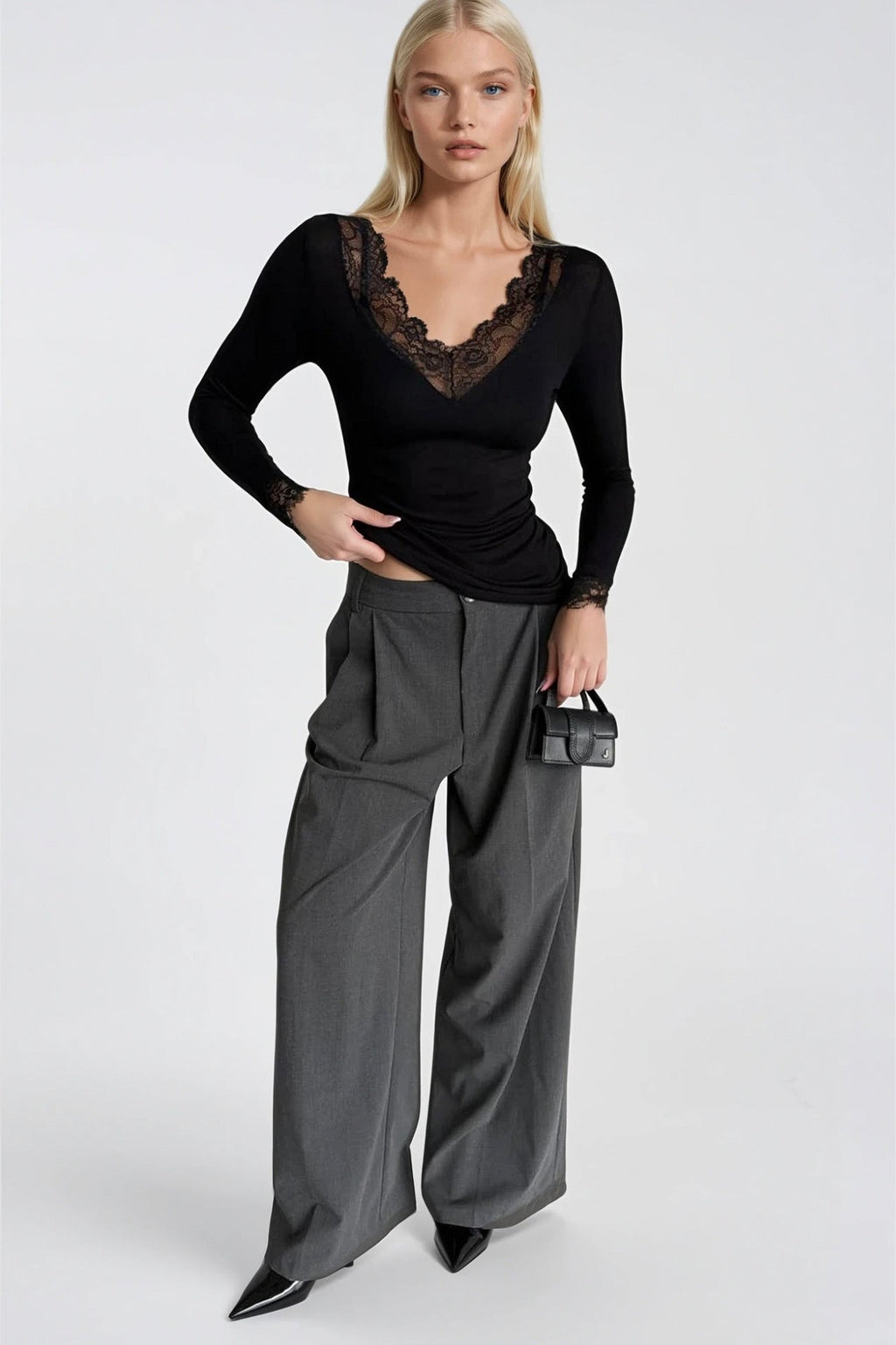Lace Detail V-Neck Black Transparan Blouse