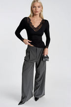 Lace Detail V-Neck Black Transparan Blouse