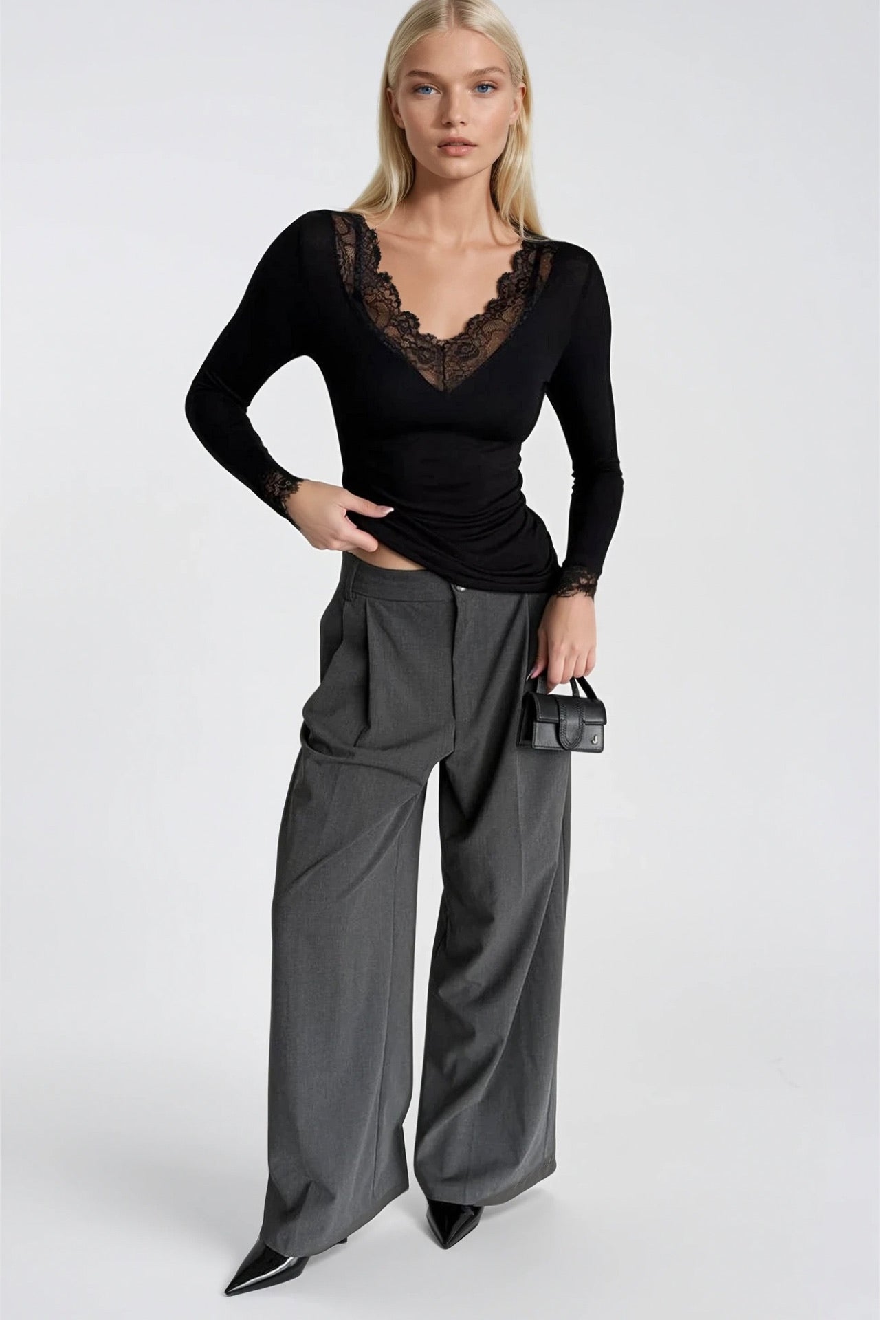 Lace Detail V-Neck Black Transparan Blouse
