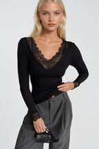 Lace Detail V-Neck Black Transparan Blouse