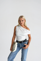 Waist-Fitted Asymmetric Shoulder Detail White Blouse