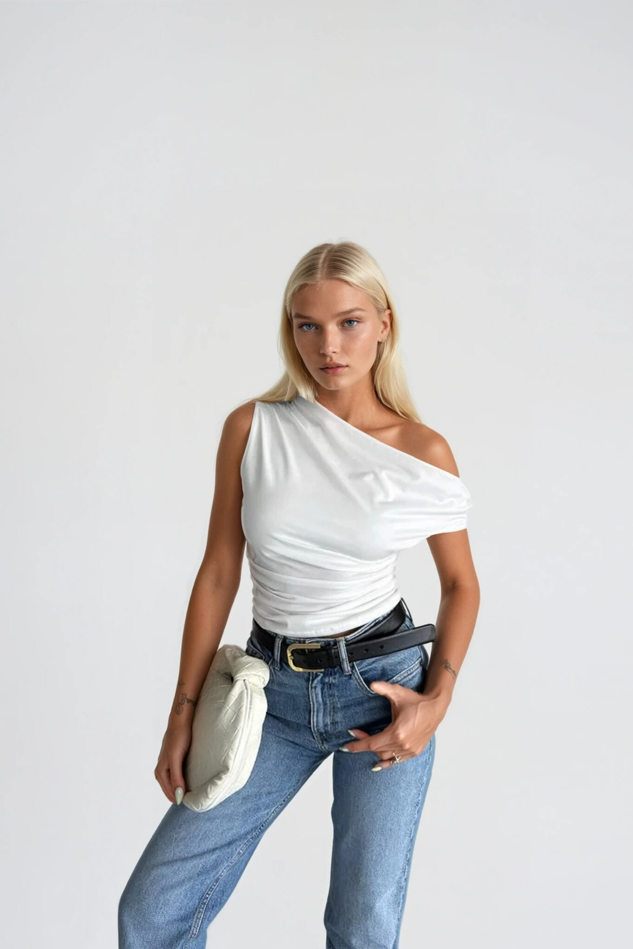Waist-Fitted Asymmetric Shoulder Detail White Blouse