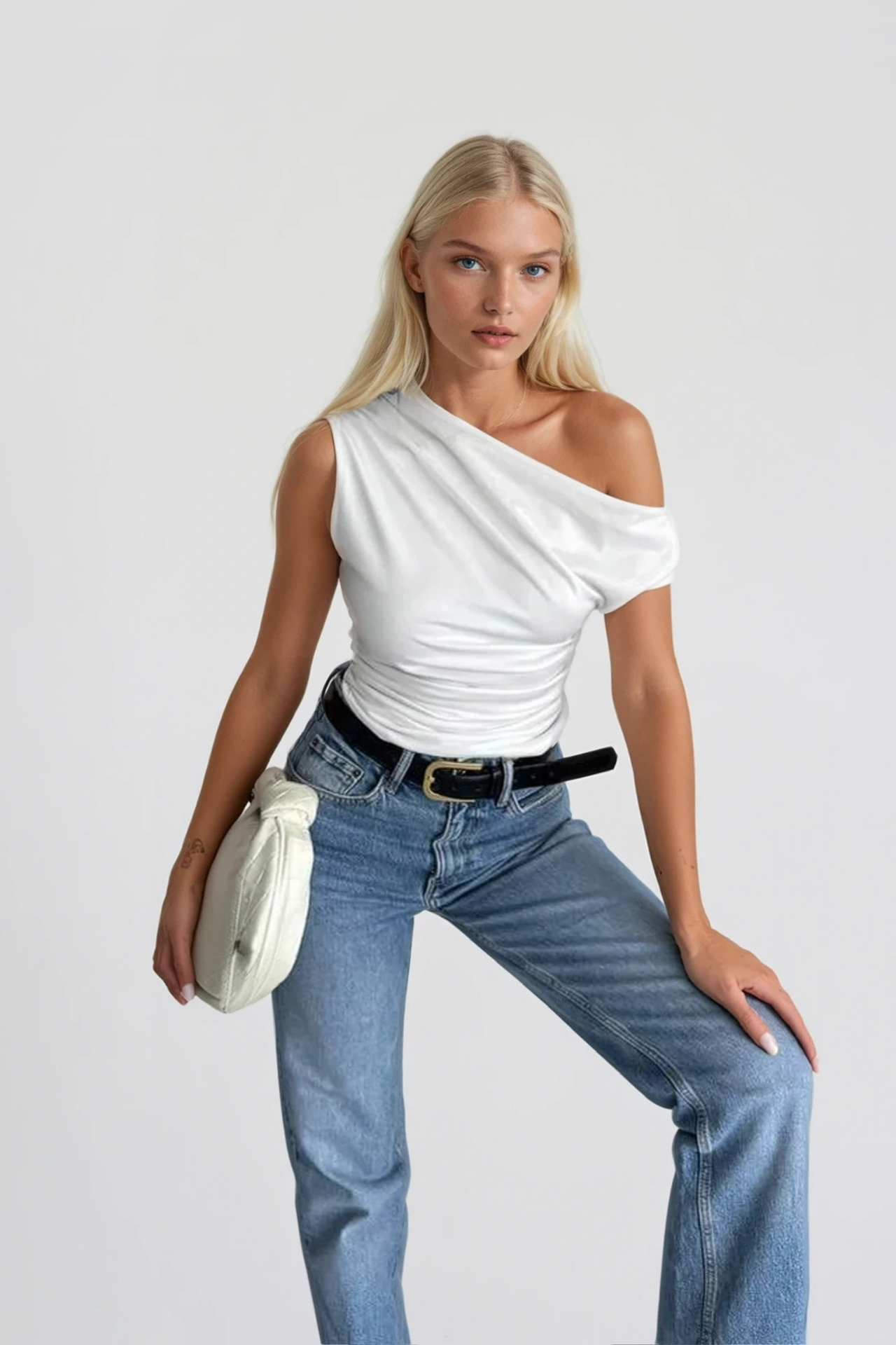 Waist-Fitted Asymmetric Shoulder Detail White Blouse